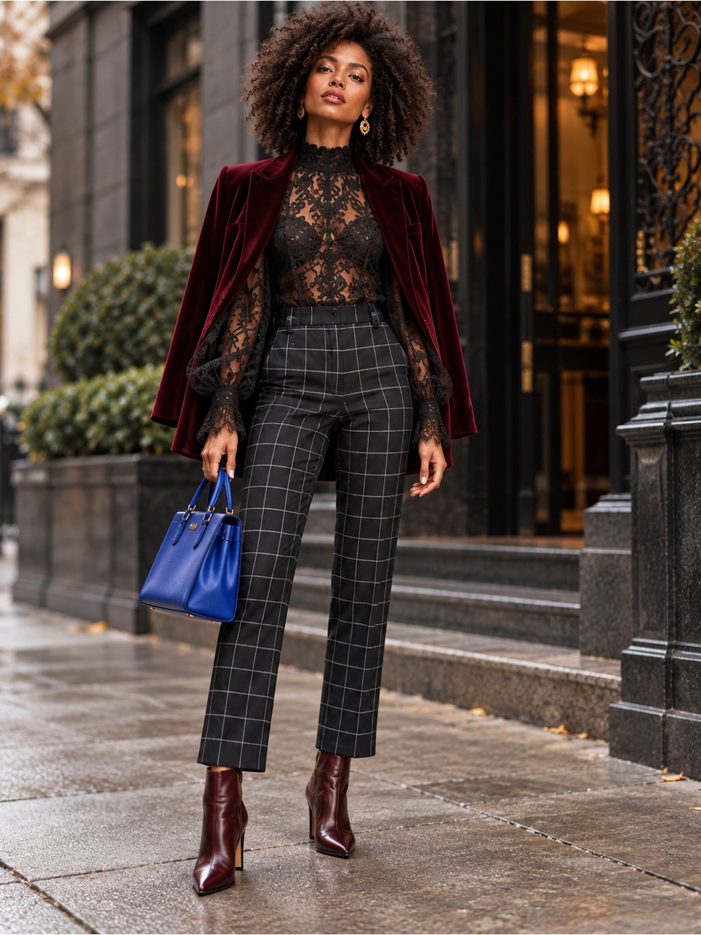Alice + Olivia Windowpane Plaid Cropped Trouser Pants Black White 8